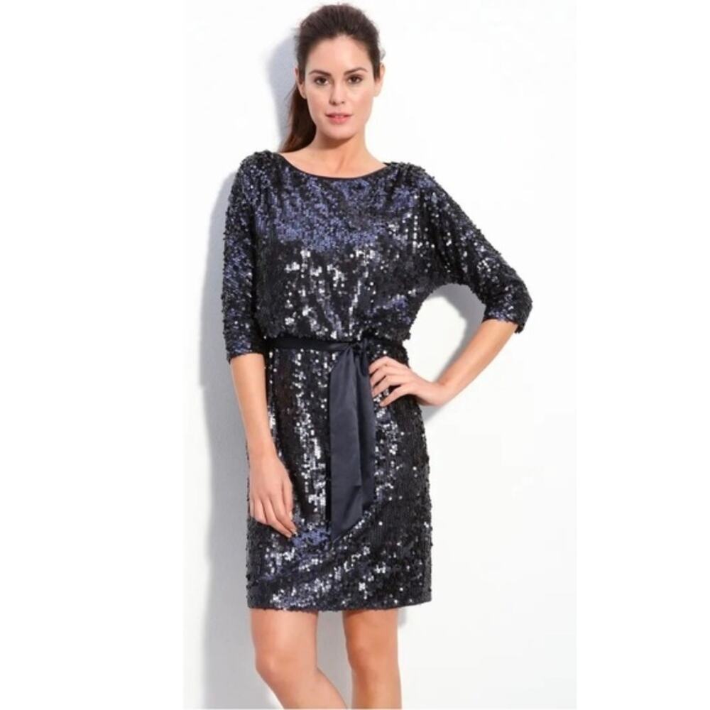 Eliza J Blouson sequin belted dress navy blue Size 6 cocktail party formal event